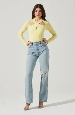 Long Sleeve Cutout Bodysuit -Chic Ladies Wear Shop AT16961 YELLOW 1
