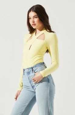 Long Sleeve Cutout Bodysuit -Chic Ladies Wear Shop AT16961 YELLOW 3