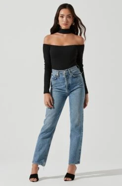 Long Sleeve Cutout Choker Bodysuit -Chic Ladies Wear Shop AT16968 BLACK 1437