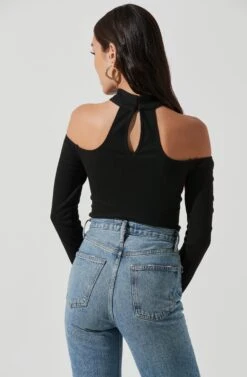 Long Sleeve Cutout Choker Bodysuit -Chic Ladies Wear Shop AT16968 BLACK 1449