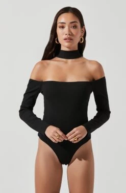 Long Sleeve Cutout Choker Bodysuit -Chic Ladies Wear Shop AT16968 BLACK 1453
