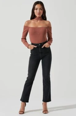 Long Sleeve Cutout Choker Bodysuit -Chic Ladies Wear Shop AT16968 DUSTYPINK 0957