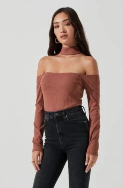 Long Sleeve Cutout Choker Bodysuit -Chic Ladies Wear Shop AT16968 DUSTYPINK 0969