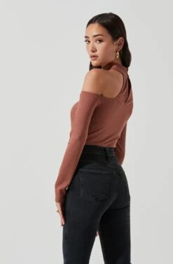 Long Sleeve Cutout Choker Bodysuit -Chic Ladies Wear Shop AT16968 DUSTYPINK 0976