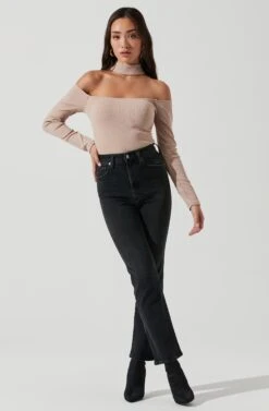 Long Sleeve Cutout Choker Bodysuit -Chic Ladies Wear Shop AT16968 NUDE 1125