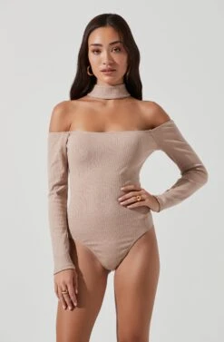 Long Sleeve Cutout Choker Bodysuit -Chic Ladies Wear Shop AT16968 NUDE 1143