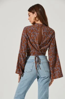 Long Sleeve Back Cutout Tie Waist Top -Chic Ladies Wear Shop AT17082 BROWNBLUEFLORAL5 0292