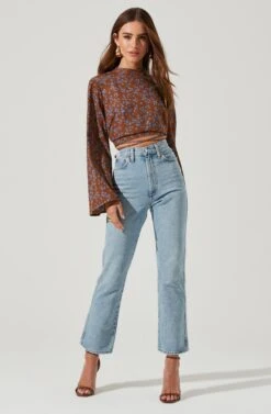 Long Sleeve Back Cutout Tie Waist Top -Chic Ladies Wear Shop AT17082 BROWNBLUEFLORAL 0268
