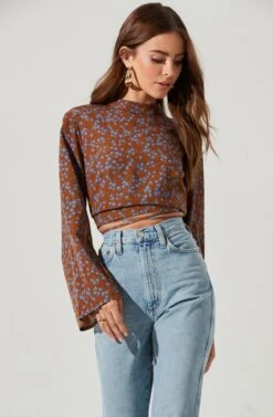 Long Sleeve Back Cutout Tie Waist Top -Chic Ladies Wear Shop AT17082 BROWNBLUEFLORAL 0278