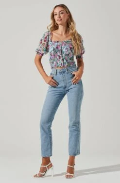 Floral Smocked Half Sleeve Top -Chic Ladies Wear Shop AT17084 PINKGREENFLORAL 00371