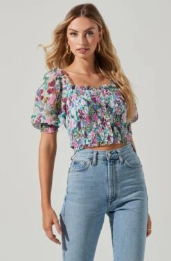 Floral Smocked Half Sleeve Top -Chic Ladies Wear Shop AT17084 PINKGREENFLORAL 00441