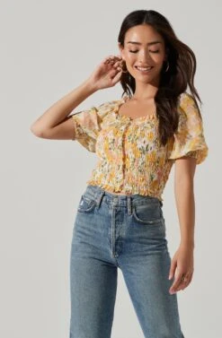 Floral Smocked Half Sleeve Top -Chic Ladies Wear Shop AT17084 YELLOWPINKFLORAL 0526