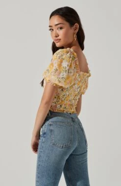 Floral Smocked Half Sleeve Top -Chic Ladies Wear Shop AT17084 YELLOWPINKFLORAL 0533