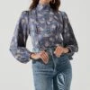 Mock Neck Tie Long Sleeve Top -Chic Ladies Wear Shop AT17130 BLUEFLORAL 1968