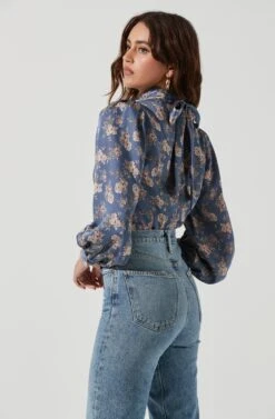 Mock Neck Tie Long Sleeve Top -Chic Ladies Wear Shop AT17130 BLUEFLORAL 1979