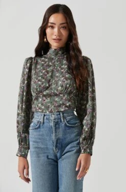 Mock Neck Tie Long Sleeve Top -Chic Ladies Wear Shop AT17130 SAGEMULTI 0016