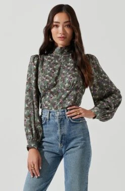 Mock Neck Tie Long Sleeve Top -Chic Ladies Wear Shop AT17130 SAGEMULTI 0018