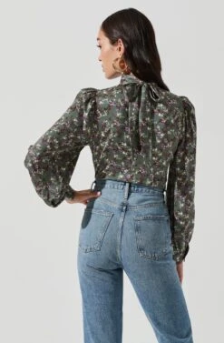 Mock Neck Tie Long Sleeve Top -Chic Ladies Wear Shop AT17130 SAGEMULTI 0029