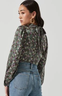 Mock Neck Tie Long Sleeve Top -Chic Ladies Wear Shop AT17130 SAGEMULTI 0031