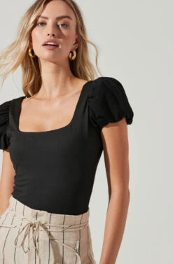Puff Sleeve Square Neck Bodysuit -Chic Ladies Wear Shop AT17138 BLACK 1241