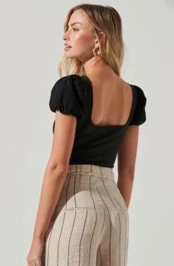 Puff Sleeve Square Neck Bodysuit -Chic Ladies Wear Shop AT17138 BLACK 1251