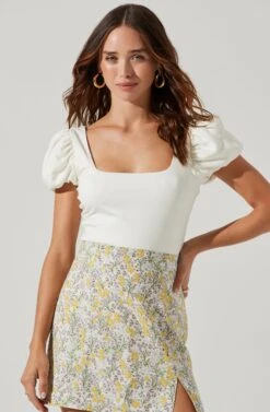 Puff Sleeve Square Neck Bodysuit -Chic Ladies Wear Shop AT17138 WHITE 3