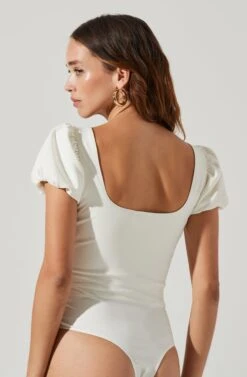 Puff Sleeve Square Neck Bodysuit -Chic Ladies Wear Shop AT17138 WHITE 8