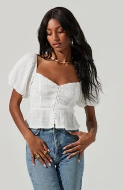 Bubble Short Sleeve Button Front Top -Chic Ladies Wear Shop AT17188 WHITE 0989