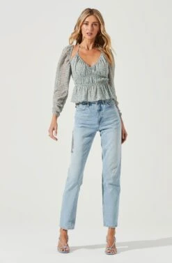 Floral Long Sleeve Shoulder Cutout Tie Neck Top -Chic Ladies Wear Shop AT17205 BLUECORALDITSY 2