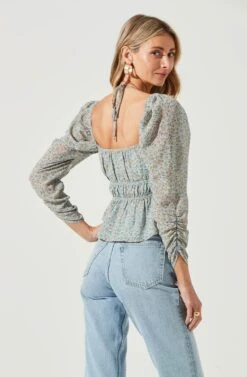 Floral Long Sleeve Shoulder Cutout Tie Neck Top -Chic Ladies Wear Shop AT17205 BLUECORALDITSY 6