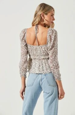 Floral Long Sleeve Shoulder Cutout Tie Neck Top -Chic Ladies Wear Shop AT17205 WHITELAVENDERFLORAL 4