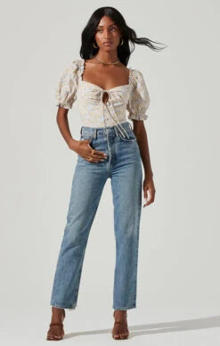 Lace Up Floral Tie Front Puff Sleeve Top -Chic Ladies Wear Shop AT17225 PINKYELLOWFLORAL 1