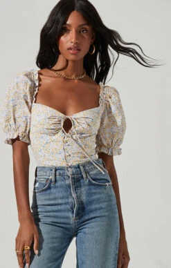 Lace Up Floral Tie Front Puff Sleeve Top -Chic Ladies Wear Shop AT17225 PINKYELLOWFLORAL 2