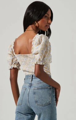 Lace Up Floral Tie Front Puff Sleeve Top -Chic Ladies Wear Shop AT17225 PINKYELLOWFLORAL 3