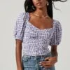 Ruched Short Puff Sleeve Top -Chic Ladies Wear Shop AT17231 BLUE GINHAM 0923