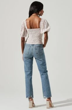 Ruched Short Puff Sleeve Top -Chic Ladies Wear Shop AT17231 CREAM LAVENDER DITSY 1276