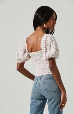 Ruched Short Puff Sleeve Top -Chic Ladies Wear Shop AT17231 CREAM LAVENDER DITSY 1278