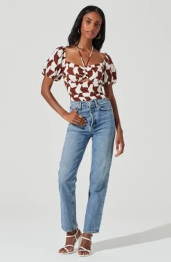 Tie Neck Floral Cut Out Puff Sleeve Top -Chic Ladies Wear Shop AT17253 BROWNOFFWHITEABST 1