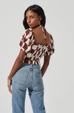 Tie Neck Floral Cut Out Puff Sleeve Top -Chic Ladies Wear Shop AT17253 BROWNOFFWHITEABST 4