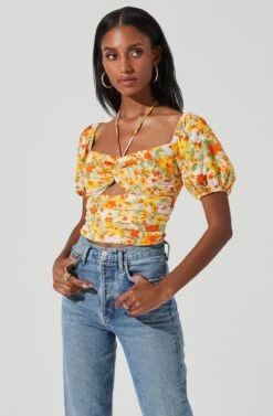 Tie Neck Floral Cut Out Puff Sleeve Top -Chic Ladies Wear Shop AT17253 ORANGELILACFLORAL 3
