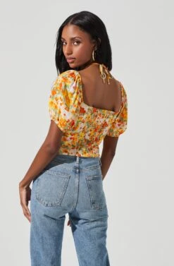 Tie Neck Floral Cut Out Puff Sleeve Top -Chic Ladies Wear Shop AT17253 ORANGELILACFLORAL 4