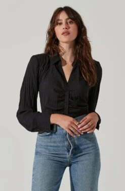 Textured Ruched Button Up -Chic Ladies Wear Shop AT17371 BLACK 2