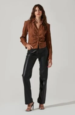 Textured Ruched Button Up -Chic Ladies Wear Shop AT17371 BROWN 1
