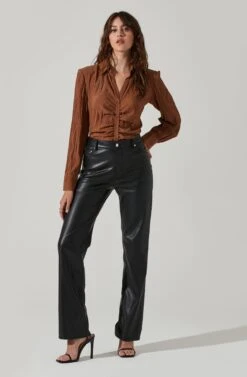 Textured Ruched Button Up -Chic Ladies Wear Shop AT17371 BROWN 2