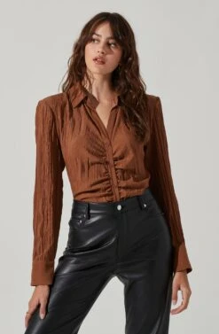 Textured Ruched Button Up -Chic Ladies Wear Shop AT17371 BROWN 3