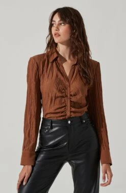 Textured Ruched Button Up -Chic Ladies Wear Shop AT17371 BROWN 4