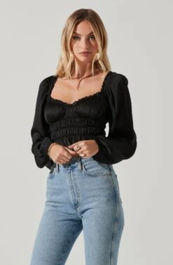 Rowan Satin Peplum Hem Long Sleeve Top -Chic Ladies Wear Shop AT17542 BLACK 3