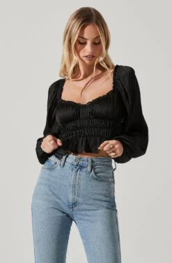 Rowan Satin Peplum Hem Long Sleeve Top -Chic Ladies Wear Shop AT17542 BLACK 4