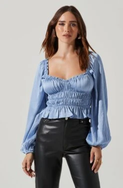 Rowan Satin Peplum Hem Long Sleeve Top -Chic Ladies Wear Shop AT17542 BLUE 2