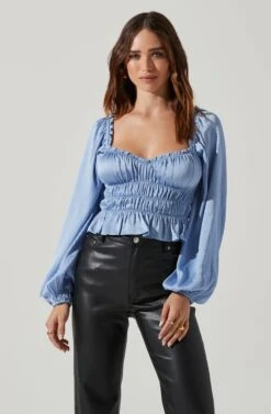 Rowan Satin Peplum Hem Long Sleeve Top -Chic Ladies Wear Shop AT17542 BLUE 3